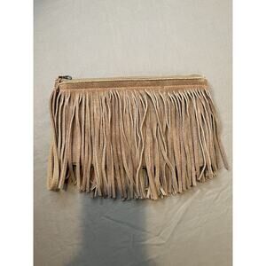 American Eagle Purse Small AEO Wristlet Boho Fringe Suede On Canvas Light Brown